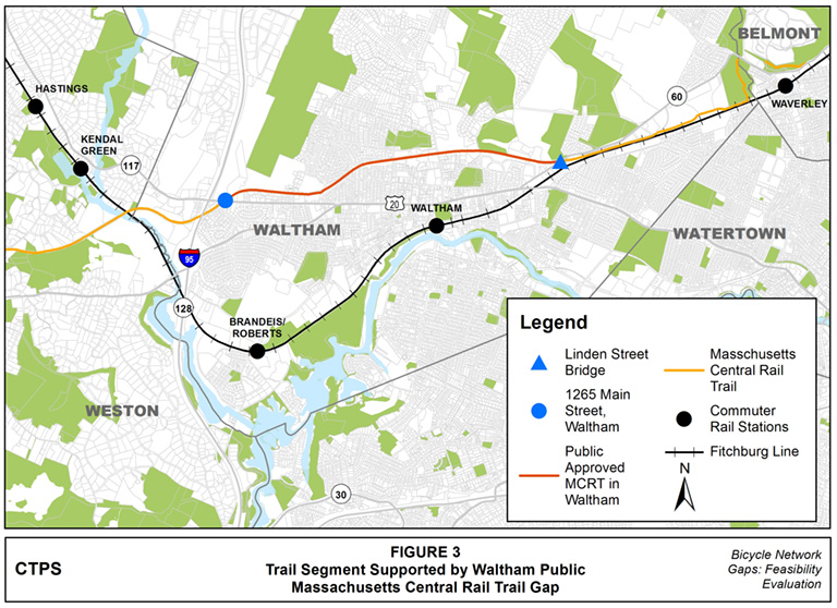 Figure 3 – Map showing the Waltham segment from the Linden Street Bridge to 1265 Main Street of the Massachusetts Central Rail Trail gap where there is public support for the rail trail.